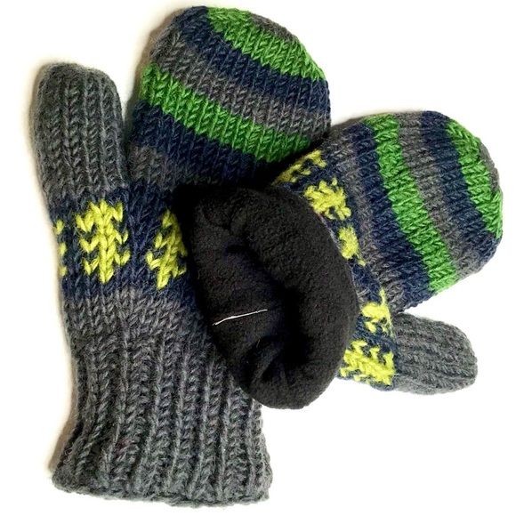 Cozy Dark Gray Knitted Mittens with Bright Green, Yellow and Navy Blue Stripes - Picture 3 of 4